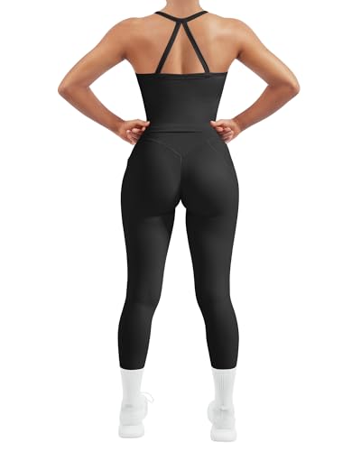 SUUKSESS Women 2 Piece Workout Sets Compression Tummy Control Leggings with Pockets Halter Built in Bra Tank Tops