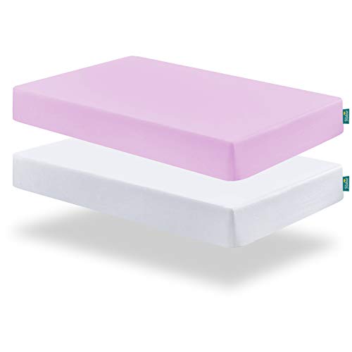 Image of Biloban Pack and Play Sheets Fitted, 2 Pack Pack and Play Sheet Fits for Graco Pack n Play Mattress, Neutral Playard Sheets for Baby Boys and Girl, White & Violet, 38”X 26”