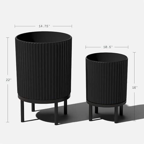 Image of Veradek Demi Series Raised Duo Planters - Set of 2 Planters with Stands | Made From a Durable Plastic-Stone Composite & Comes With Wooden Stand. Modern Porch /Patio Decor