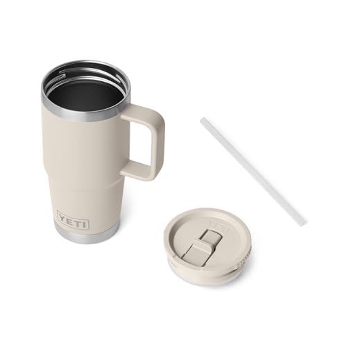 Image of YETI Rambler 20 oz Travel Mug with Flip Straw Lid - Stainless Steel, Vacuum Insulated, Leakproof, Cup Holder Friendly, Cape Taupe