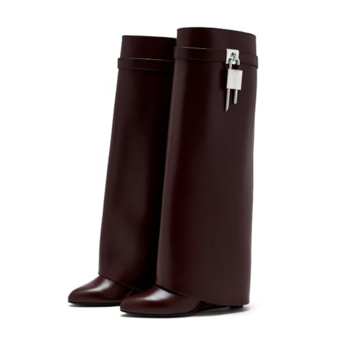 Image of keleimusi Fold Over Wedge Boots Heeled PadLock Pant Knee High Shoes Tall /Short Booties in Burgundy