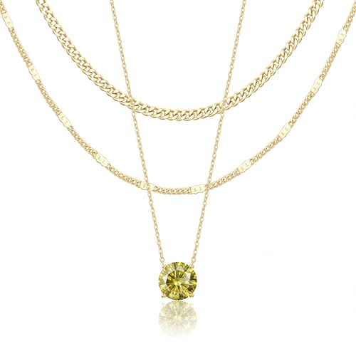 WomenGifts August Created Peridot (Lime Green) Layered Necklace Set 14K Gold Plated Birthstone Pendant with Choker Cuban Link & Satellite Chain Personalized Jewelry Gift