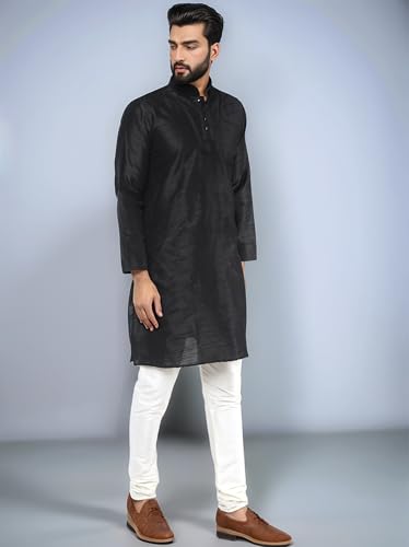 Image of SKAVIJ Men's Dupion Silk Embroidered Kurta Pajama Mandarin Collar Ethnic Motifs Festive Party Dress