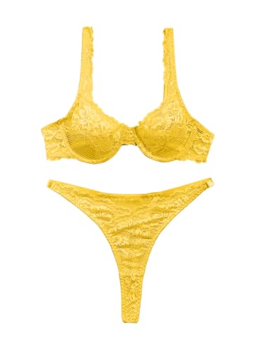 Image of Lilosy Sexy Floral Lace Scallop Underwire Push Up Sheer Lingerie Set Outfits