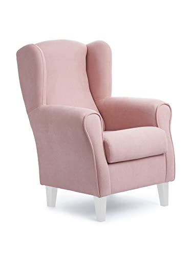 Sillonea - Sillón Orejero Roma, butaca pequeña para salón. Sillón de Lectura Individual, Ideal para Ver la TV/Leer. Medida: 100x74x77cm. Tapizado con Tela Antimanchas. (Rosa, Lacado Blanco)