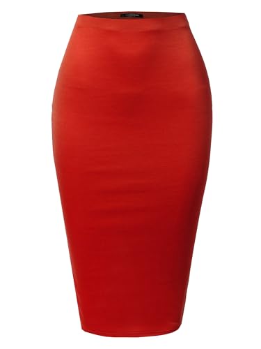 SSOULM Women's Work Office Stretchy Fitted Midi Pencil Skirt with RED Slit and Plus SizeRED XL
