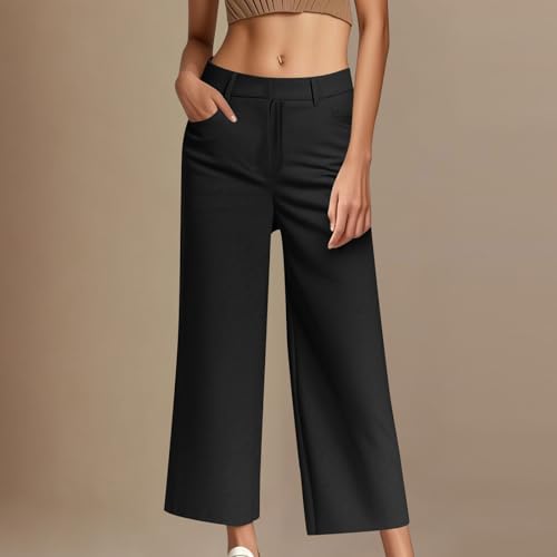 Womens Straight Wide Leg Pants Work Casual Mid-Rise Comfortable Twill Chino Pants Flat Front Trousers with Pockets2