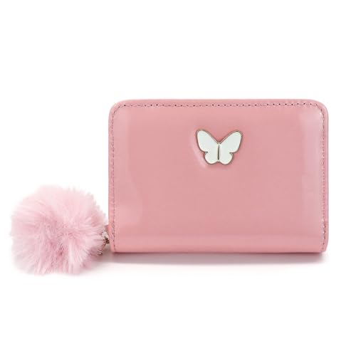 Womens Wallets, PU Leather Small Wallet Credit Card Holder for Women, Cute Wallet Purse Ladies Wallets with Fur Ball Zipper for Shopping, Dating, Travel (pink)