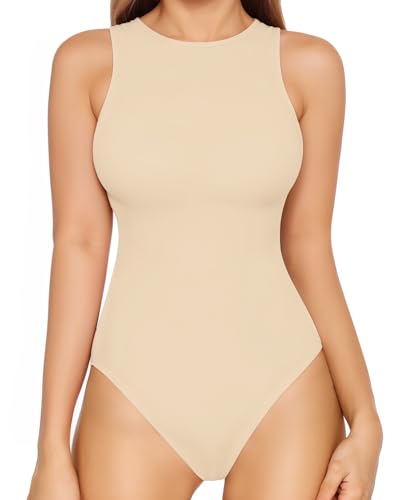 Image of MANGOPOP Women's Tank Top Bodysuit Crew Neck Sleeveless Racerback Halter Ribbed Body Suits Sexy Summer Going Out Tops