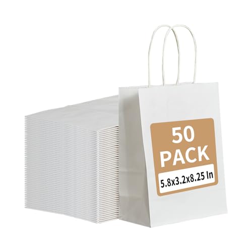 RACETOP 50 Pack White Kraft Paper Gift Bags, 5.8x3.2x8.25 Inch Small Paper Bags with Handles Bulk for Business, Parties & Retail, Shopping, Versatile for Birthday, Wedding, Grocery & Craft
