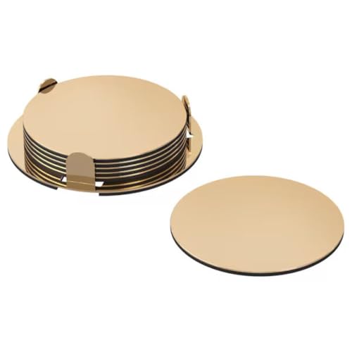 Image of Giftana Round Coaster Set for Home and Office, Non-Slip Drink Coasters for Dinning Table, Bar -Matt Finish- Steel Coasters with Stand for Tea Cups,Coffee Mugs,Glasses (Set of 6 Pieces) (Gold)