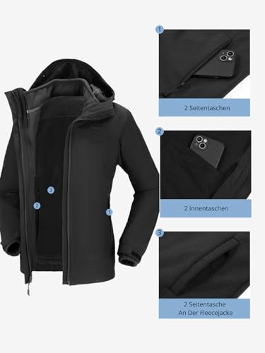 OutPro 3-in-1 Winterjacke Damen Wasserdicht Winddicht Skijacke Outdoor Wandern mit Fleece Gefüttert Doppellagige Abnehmbare Kapuzen-Funktionsjacke für Ski, Bergsteigen, Reisen Schwarz S
