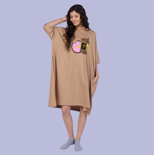 Image of LAMA STORE Women's Printed Oversized T-Shirt Dress, Cotton, 3 /4 Sleeve Length, Casual Loose Fit, Comfort Wear Extra Comfy Oversized Printed Pocket T-Shirt Dress