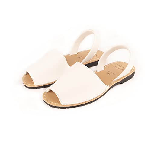 Zapatos para mujer Menorquinas Mujer Piel Suela de Goma,Albarcas Sandalias, (Blanco, numeric_39)