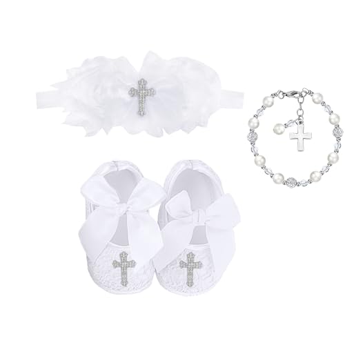 Bow Dream Baby Girl's Baptism Christening Shoes White Lace Reinstones Flowers