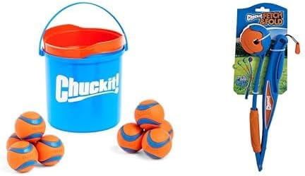 Chuckit! Ultra Ball Dog Toy 8-Pack (2.5-inch) with Cleaning Bucket & Mini 18M Ball Launcher Bundle - Interactive Fetch Toys for Dogs 20-60 lbs