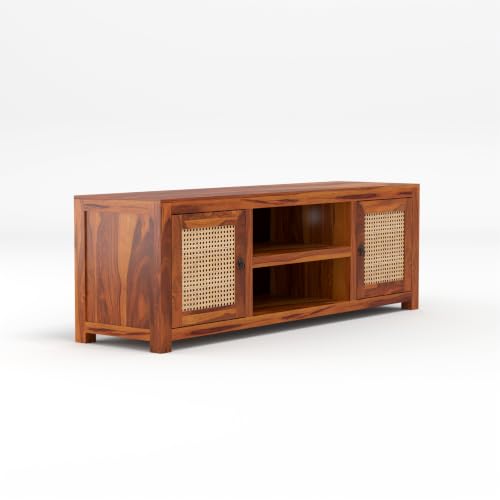 Image of Solid Sheesham Wood Entertainment TV Unit with 2 Door | Rosewood Tv Stand /TV Cabinet for Living Room | Bedroom | Wooden TV Panel with Shelf Stoarge | TV Table