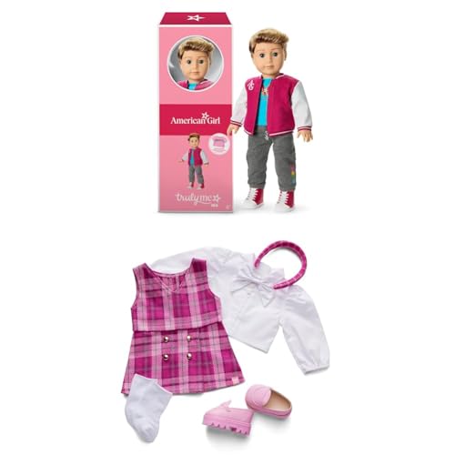 Image of Bundle of American Girl, Truly Me 18-inch Doll #104 with Dark-Blue Eyes, Straight Caramel Hair, Light Skin, for Ages 6+ + Truly Me 18-inch Doll Outfit, Pink & Preppy Outfit, for Ages 6+