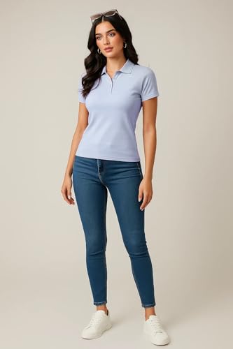 Image of JUNEBERRY Pure Cotton Regular Fit Plain Solid Classic Polo Collar Half Sleeve T-Shirt for Women (Colors: Olive, Maroon, Navy, Black, Green & Orange)