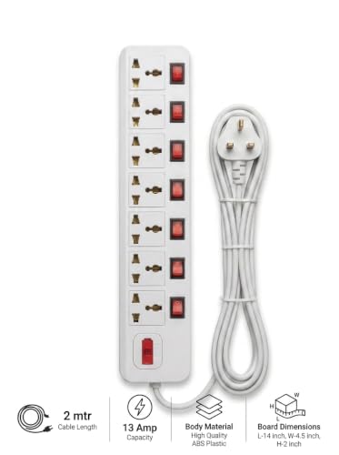Image of 7 Socket Universal Extension Board with Individual Switches | Heavy Duty Power Strip with Master Switch | Multi Plug Extension Cord for Home, Office, Computer, TV & Appliances