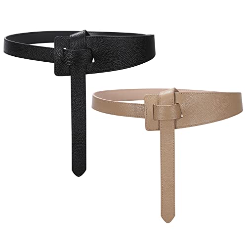 SUOSDEY 2 Pack Women Tie a Knot Belt Genuine Leather Full Grain Leather Waist Belt for Dress Coat Clothing Accessories