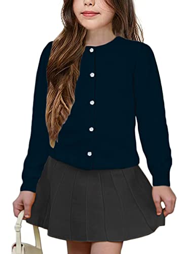 UELoop Mädchen-Strickjacke mit Rundhalsausschnitt [niedliche Blütenblatt-Knöpfe] Baumwolle Langarm Uniform Pullover für Size 9-10 9 10 Jahre Mädchen Marineblau