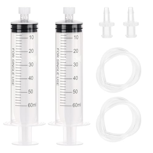 Image of 2pcs 60ml Plastic Syringes with 2pcs 13in Tubing and Luer Connections | Individually Sterile Packed, Luer Connection Tips, 2 Tubes & 2 Nozzles, for Measuring, Watering, Refilling & Feeding