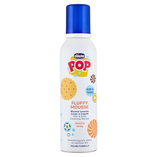 Chicco POP Fluffy Mousse à laver Vanilla Wrap 200 ml – Mousse nettoyante douce pour nouveau-né, parfum vanille, hygiène quotidienne, peaux sensibles, salle de bain, formule végétalienne, sans larmes