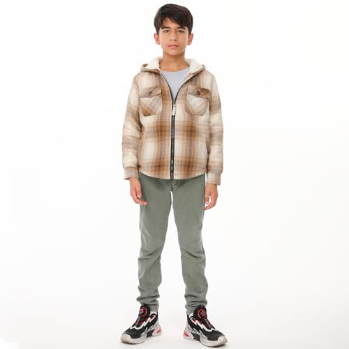 Image of ThCreasa Boys Plaid Flannel Jackets Sherpa Lined Zip Up Long Sleeve Warm Flannel Shirt with Hood