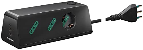 Vimar 00604.CC Presa multipla da scrivania con interruttore e cavo 2m, 1 uscita SICURY universale, 2 uscite SICURY standard italiano, 2 uscite USB A e 1 uscita USB C, spina 16A standard italiano, nero