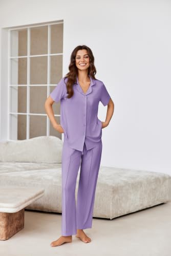 Image of Ekouaer Pajamas for Women Set Button Up Short Sleeve Pjs Sets With Pockets