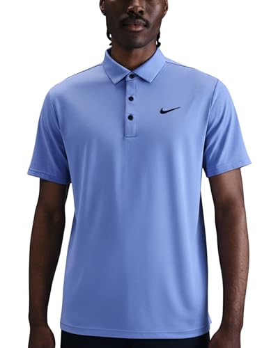 Nike Men's Dri-FIT Tour Golf Polo, 4-Way Stretch, Sweat-Wicking, Structured Collar, Chest & Back Swoosh Logo, Seasonal Colors (Comet Blue | Black (Heather), Small)
