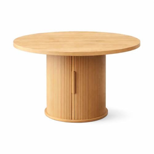 Image of HIPIHOM Round Wooden Dining Table with Storage, 43.3 inch Wood Tabletop, 2-Piece Semi-Circle Design, Pedestal Base Dining Table for Kitchen & Dining Room, Natural Oak