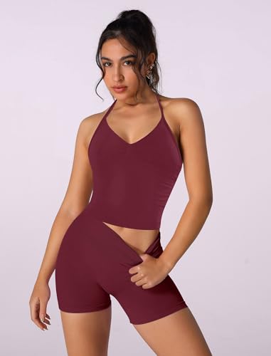 2 Piece Workout Sets for Women Seamless Halter Sports Bra Scrunch Butt High Waist Impact Shorts Gym Yoga Outfits3