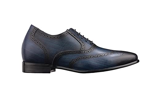 CALTO Men's Invisible Height Increasing Elevator Shoes - Dark Blue Premium Leather Lace-up Wing-tip Dress Formal Oxfords - 2.8 Inches Taller - K20812 - Size 12 D(M) US2