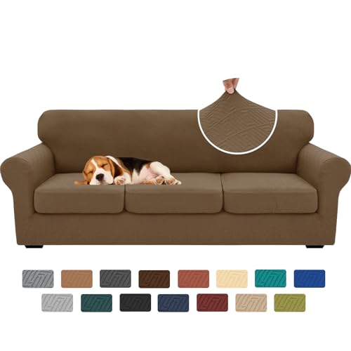 XINEAGE New 4 Pieces Extra Large Couch Covers for 3 Cushion Sofa Super Stretch Sofa Cover for 3 Large Seat Cushion Universal Slip Cover for Living Room (Brown), 91"-110"(3 Cushions)