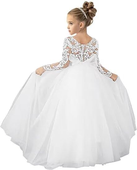 Flower Girl Dress Long Sleeves Tulle First Communion Pageant Dresses for Girls Lace Applique Birthday Party Prom Ball Gowns