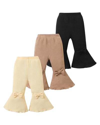 Mioglrie Baby Pants 6 9 12 Months 3 Pack Infant Baby Girl Ribbed Leggings Black Khaki Brown Flare Pants Fall Winter Clothes Bell Bottoms for Girls