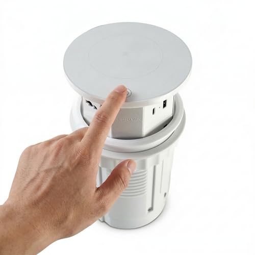 Image of Audiovan Motorized Sensor Touch Pop Up socket Pneumatic Electrical 3 Power 1 USB type A+C charge+ 15 watt Fast Wireless phone charge Kitchen Counter Conference Desk (White VMP-30)