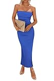PRETTYGARDEN Women's Summer Bodycon Maxi Tube Dress Ribbed Strapless Side Slit Long Going Out Casual Elegant Party Dresses (Blue,Small)