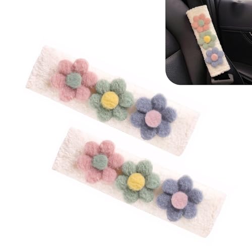 Bawkars 2 PCS Car Seat Belt Cover Pads, Cute Flower Safety Seatbelt Covers Cushion, 9.4' x 2.5' Soft Plush Shoulder Strap Protector, Universal Seat...
