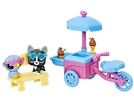 cavernedesjouets Coffret pour Pet Shop triporteur Stand de Glace + 2 Figurines petshops Oiseau Kiwi mckiwi + Boston o'terrier + Accessoires + 1 Carte Tigre