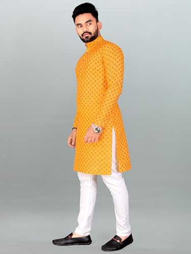 Image of Cotton Blend Geometric Mandarin Chinese Neck Full Sleeve Kurta for Men