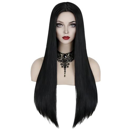 FOVER Black Wigs for Gothic Costume Women Long Black Wig with Necklace Natural Cute Straight Wigs FE029BK