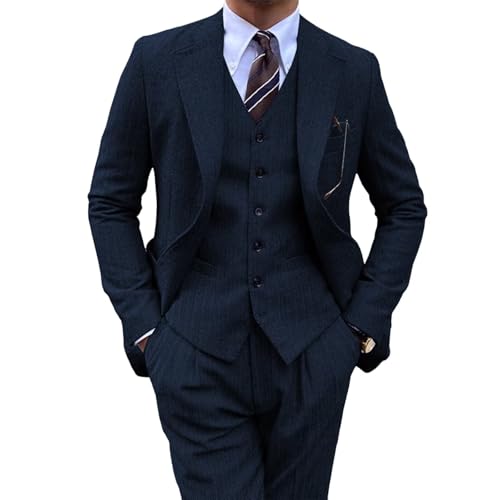 3 Piece Tweed Suit Set,Retro Herringbone Prom Tuxedos Set for Men Wedding Grooms Blazer Vest Pant Set2