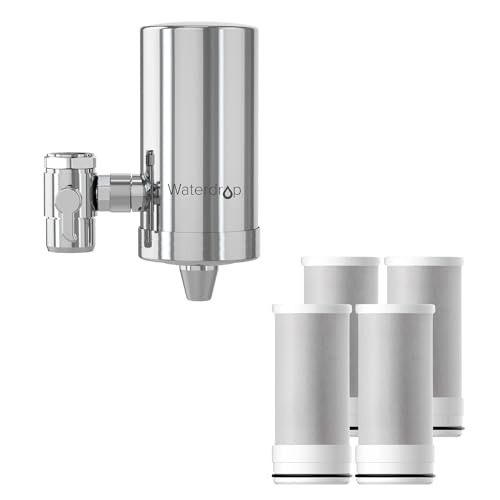 Waterdrop Stainless-Steel Faucet Water Filter, Carbon Block Water Filtration System, Tap Water Filter, Reduces Chlorine, Heavy Metals and Bad Taste, WD-FC-06 (4 Filter Included)