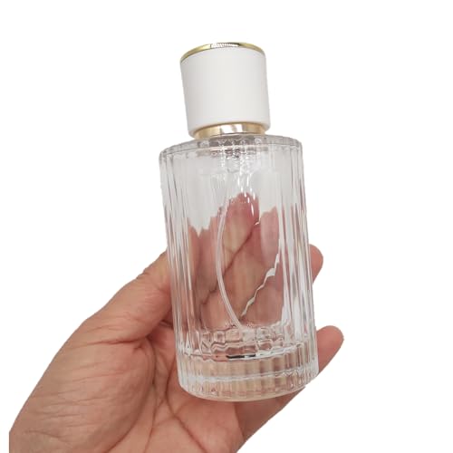 Glass Spray Bottles for Perfume,3.4oz Empty Clear Vertical Stripes Round Fine Mist Spray Container 100ml,2PCS (Clear+White)3
