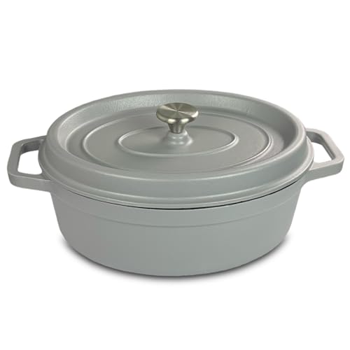 osoltus Bräter oval Gusseisen Schmortopf mit Tropfdeckel hellgrau 33 cm