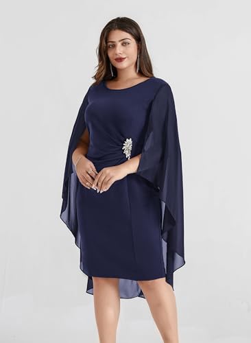 Hanna Nikole Womens Plus Size Chiffon Cape Dress Crew Neck Wedding Guest Dresses Ruched Bodycon Cocktail Pencil Dress4