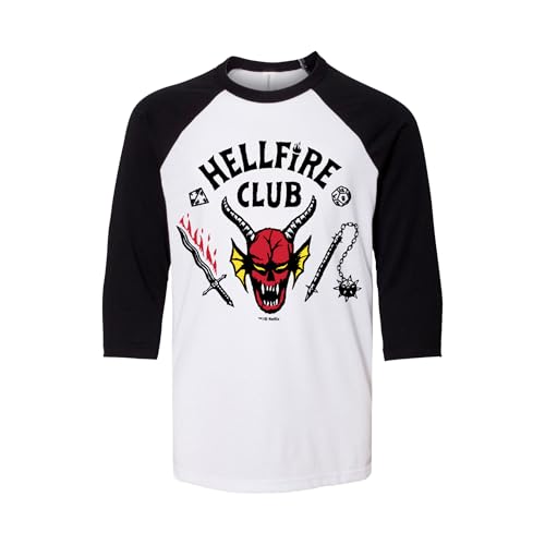 Stranger Things Hellfire Club Kids Raglan T-Shirt Officially Licensed Youth Baseball Tee Inspired by Hawkins D&D Club Small White